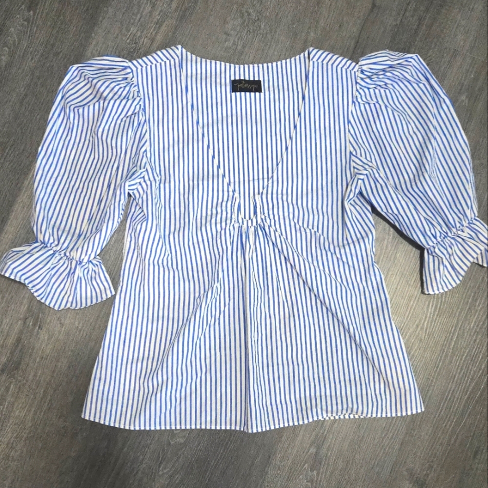PETERSYN Blue and White Striped Puff Sleeve Blouse